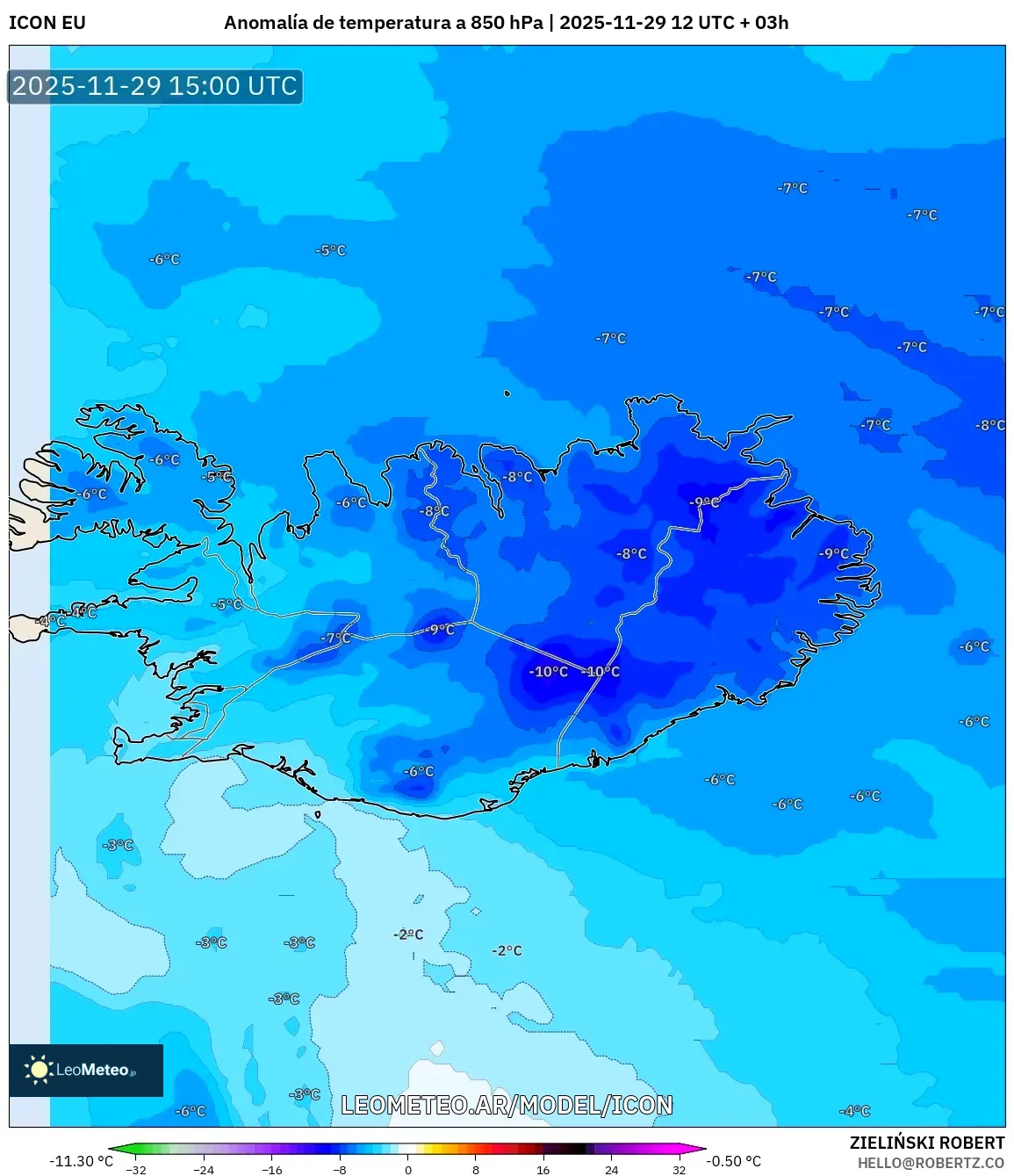 ICON model - Islandia, Anomalía de temperatura a 850 hPa