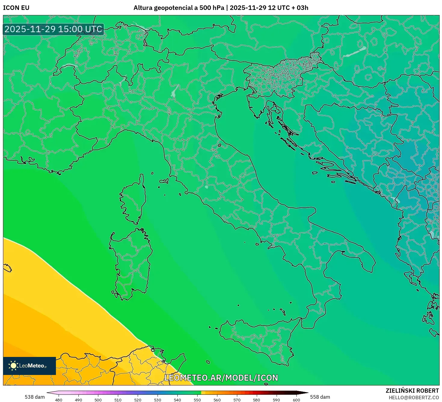ICON model - Italia, Altura geopotencial a 500 hPa