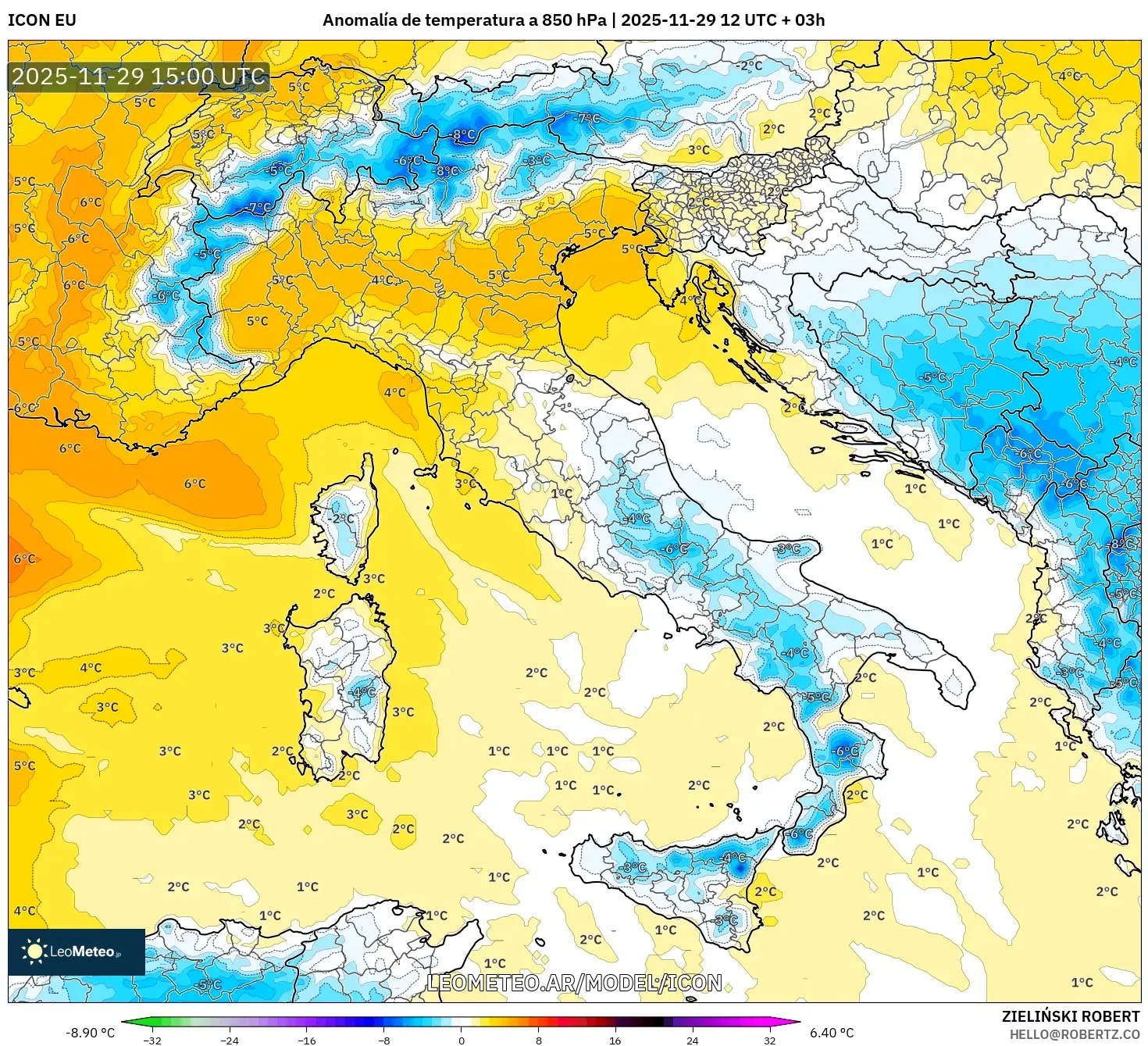 ICON model - Italia, Anomalía de temperatura a 850 hPa