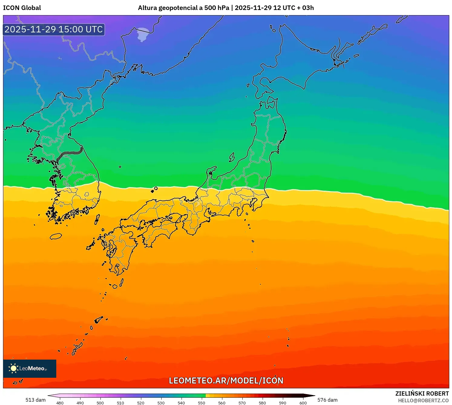 ICON model - Japón, Altura geopotencial a 500 hPa