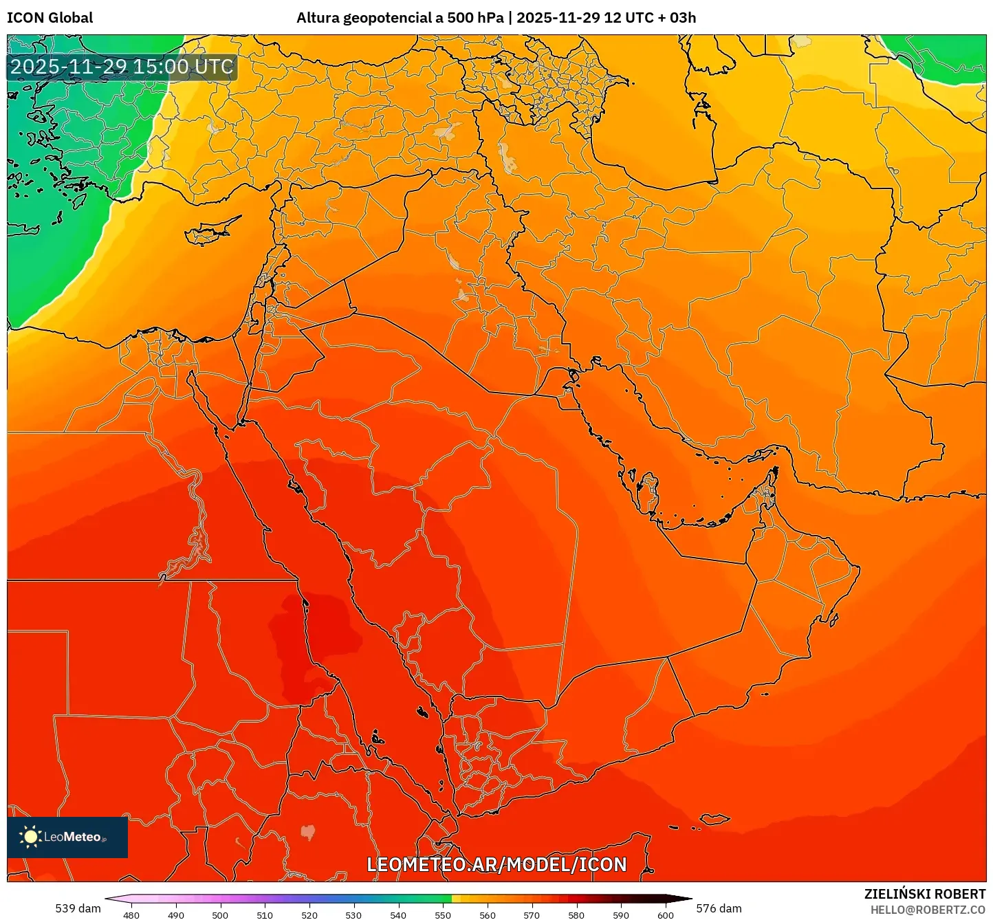 ICON model - Oriente Medio, Altura geopotencial a 500 hPa