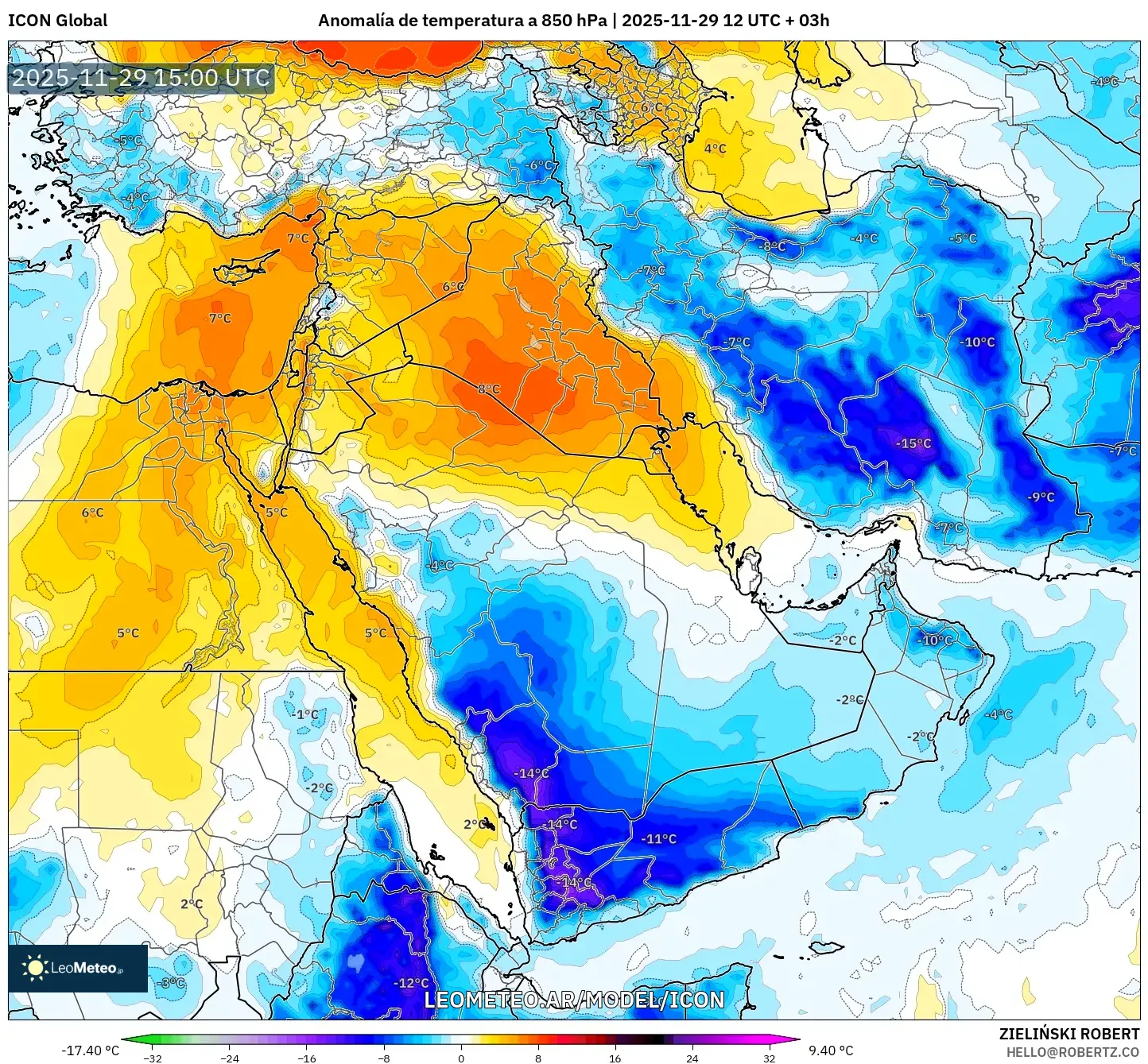 ICON model - Oriente Medio, Anomalía de temperatura a 850 hPa