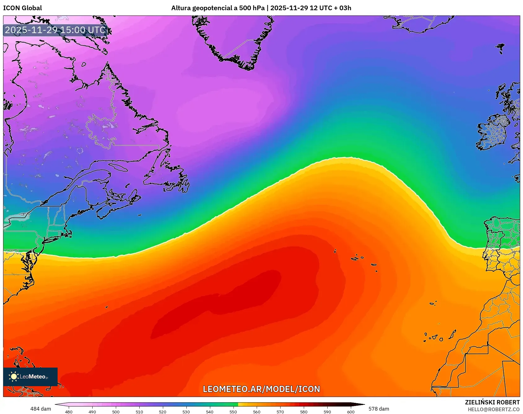 ICON model - Norte Atlántico, Altura geopotencial a 500 hPa