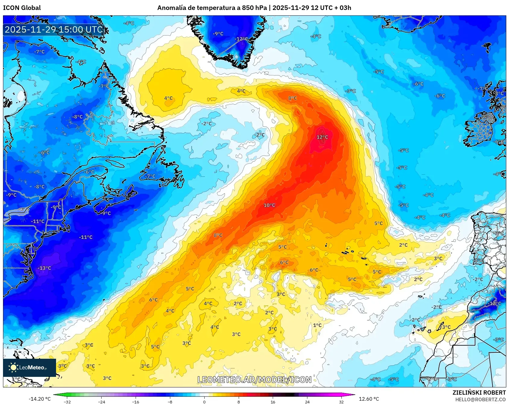 ICON model - Norte Atlántico, Anomalía de temperatura a 850 hPa