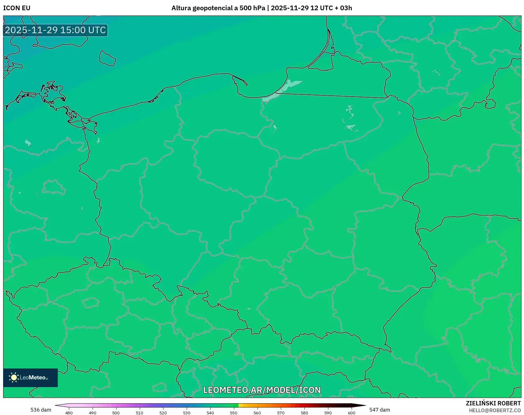 ICON model - Polonia, Altura geopotencial a 500 hPa