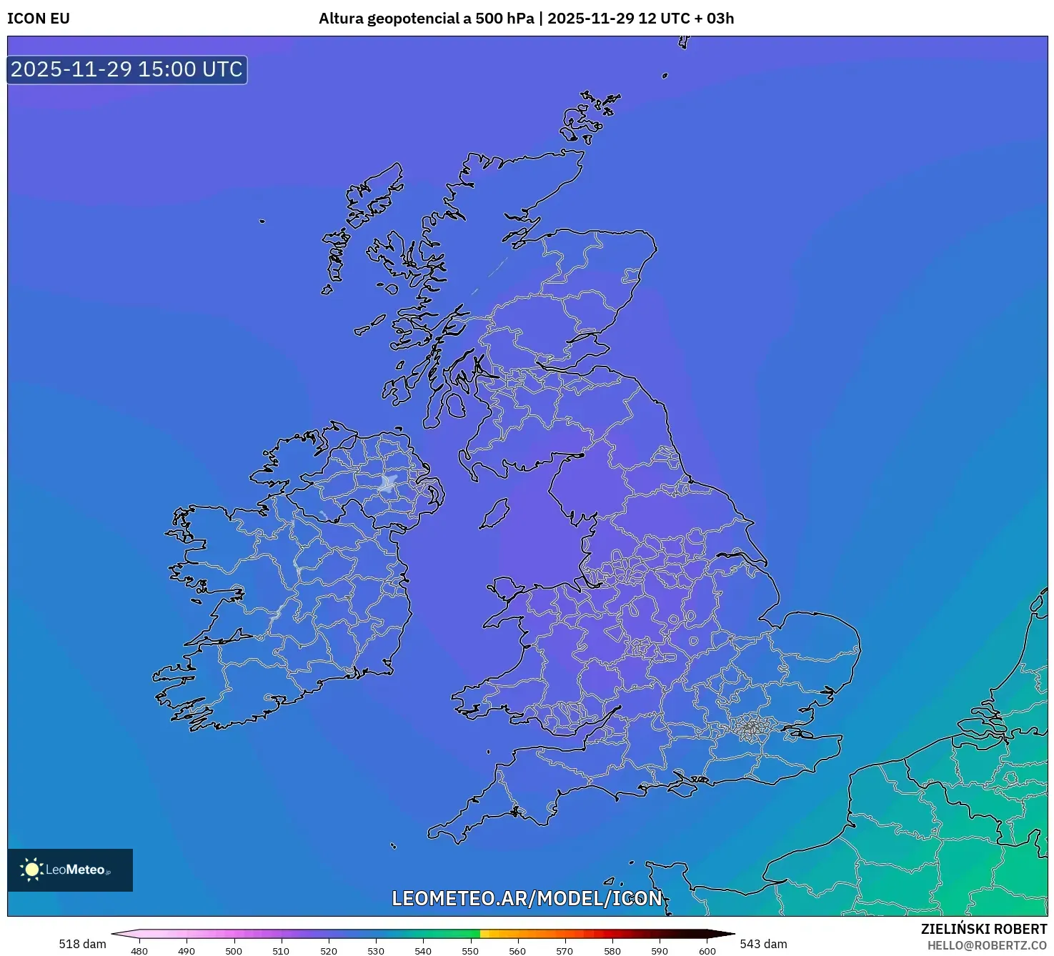 ICON model - Reino Unido, Altura geopotencial a 500 hPa