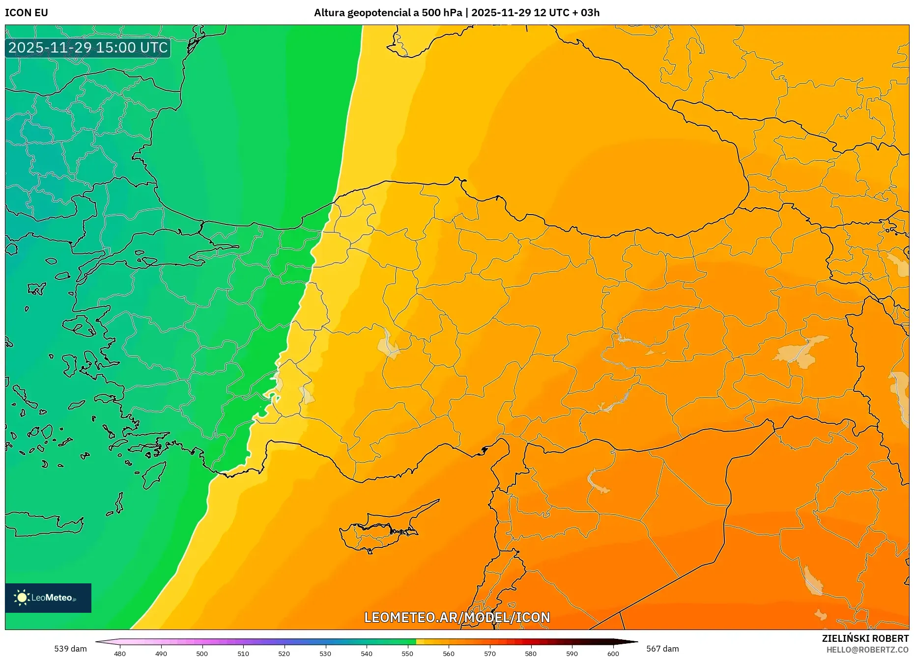 ICON model - Turquía, Altura geopotencial a 500 hPa