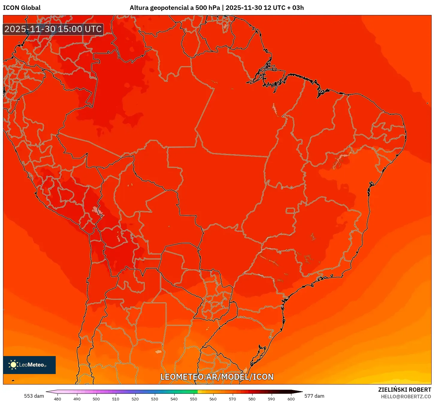 ICON model - Brasil, Altura geopotencial a 500 hPa