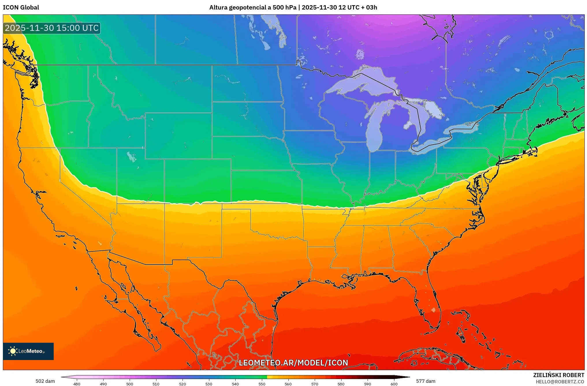 ICON model - Estados Unidos, Altura geopotencial a 500 hPa