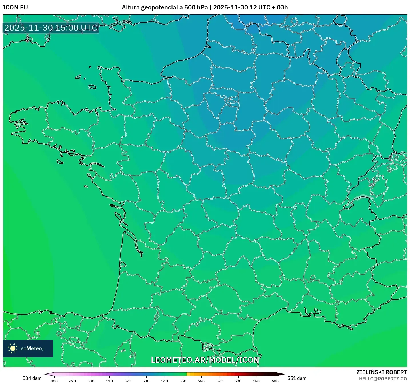 ICON model - Francia, Altura geopotencial a 500 hPa