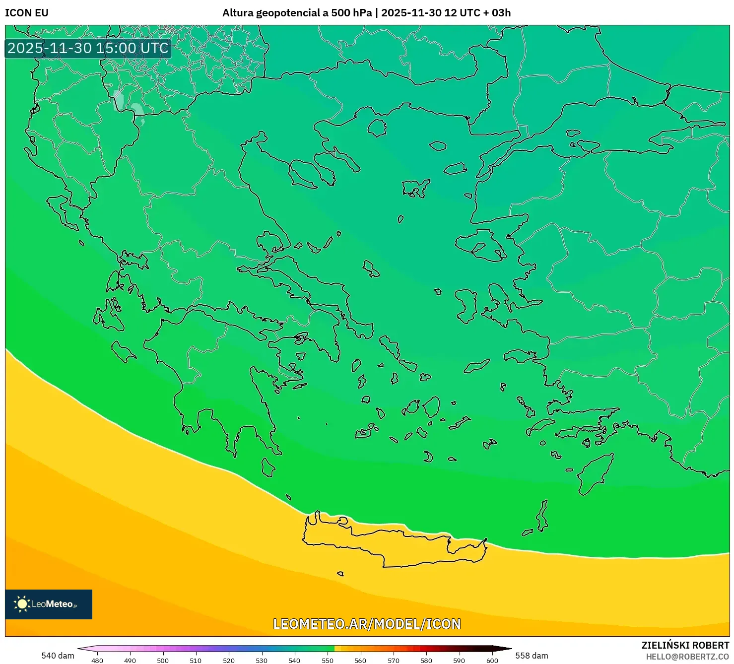 ICON model - Grecia, Altura geopotencial a 500 hPa
