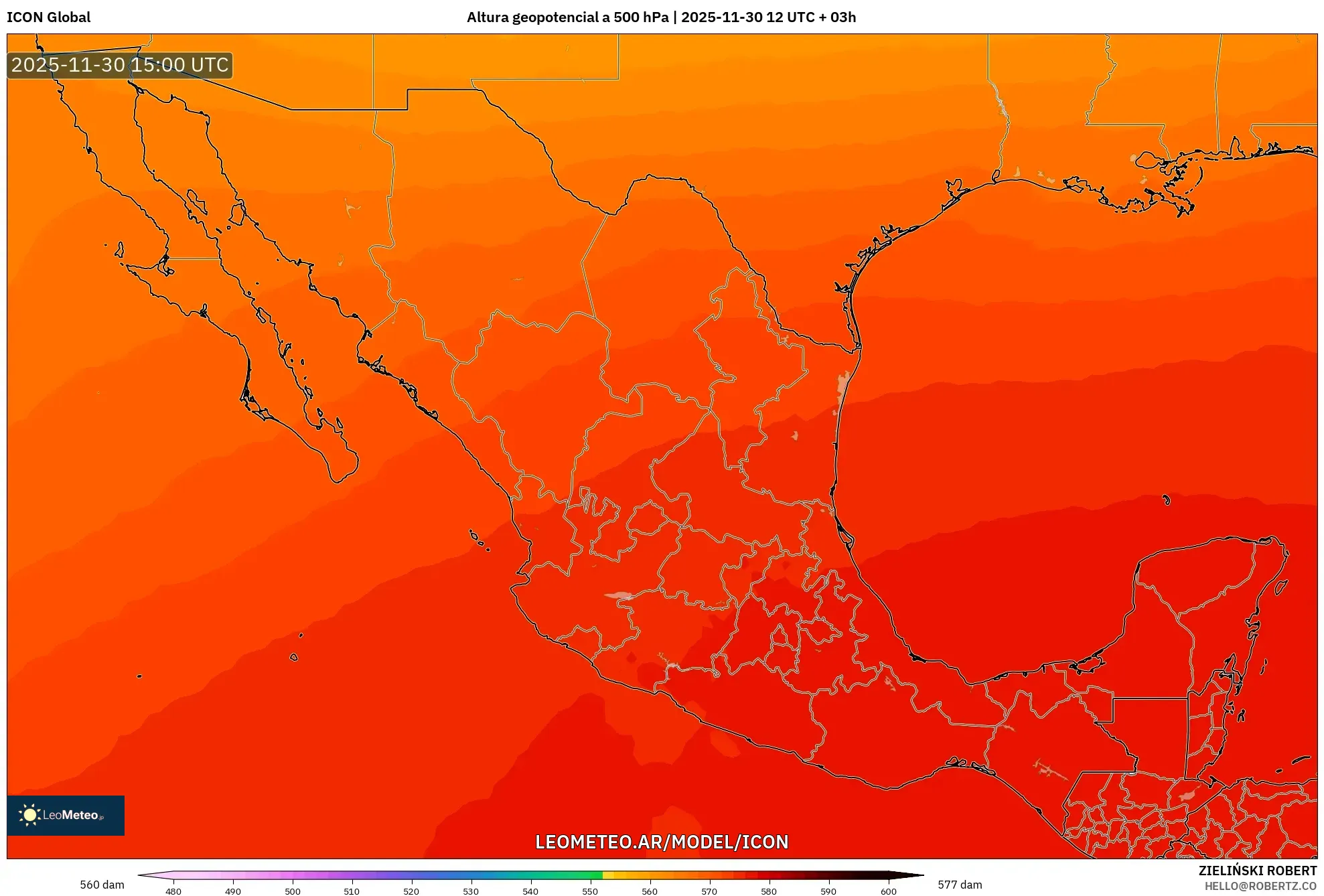 ICON model - México, Altura geopotencial a 500 hPa