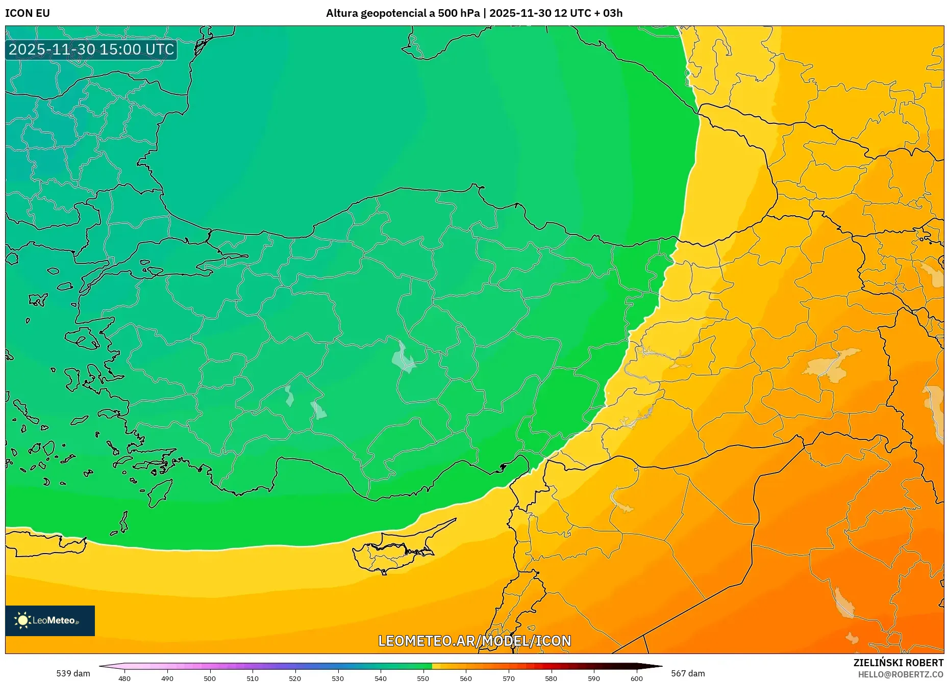 ICON model - Turquía, Altura geopotencial a 500 hPa