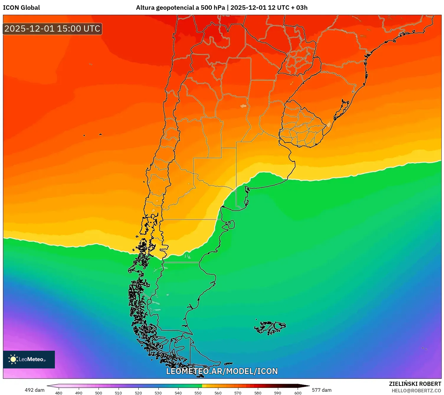 ICON model - Argentina, Altura geopotencial a 500 hPa