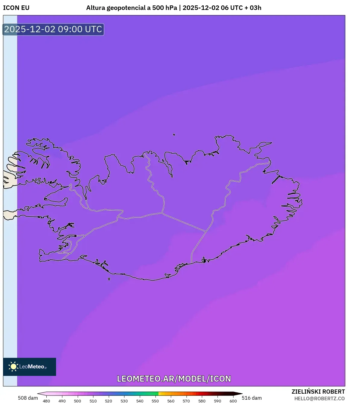 ICON model - Islandia, Altura geopotencial a 500 hPa