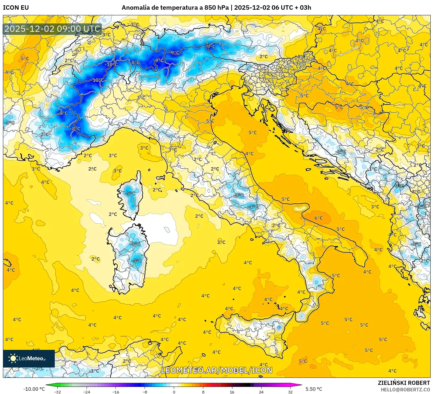 ICON model - Italia, Anomalía de temperatura a 850 hPa