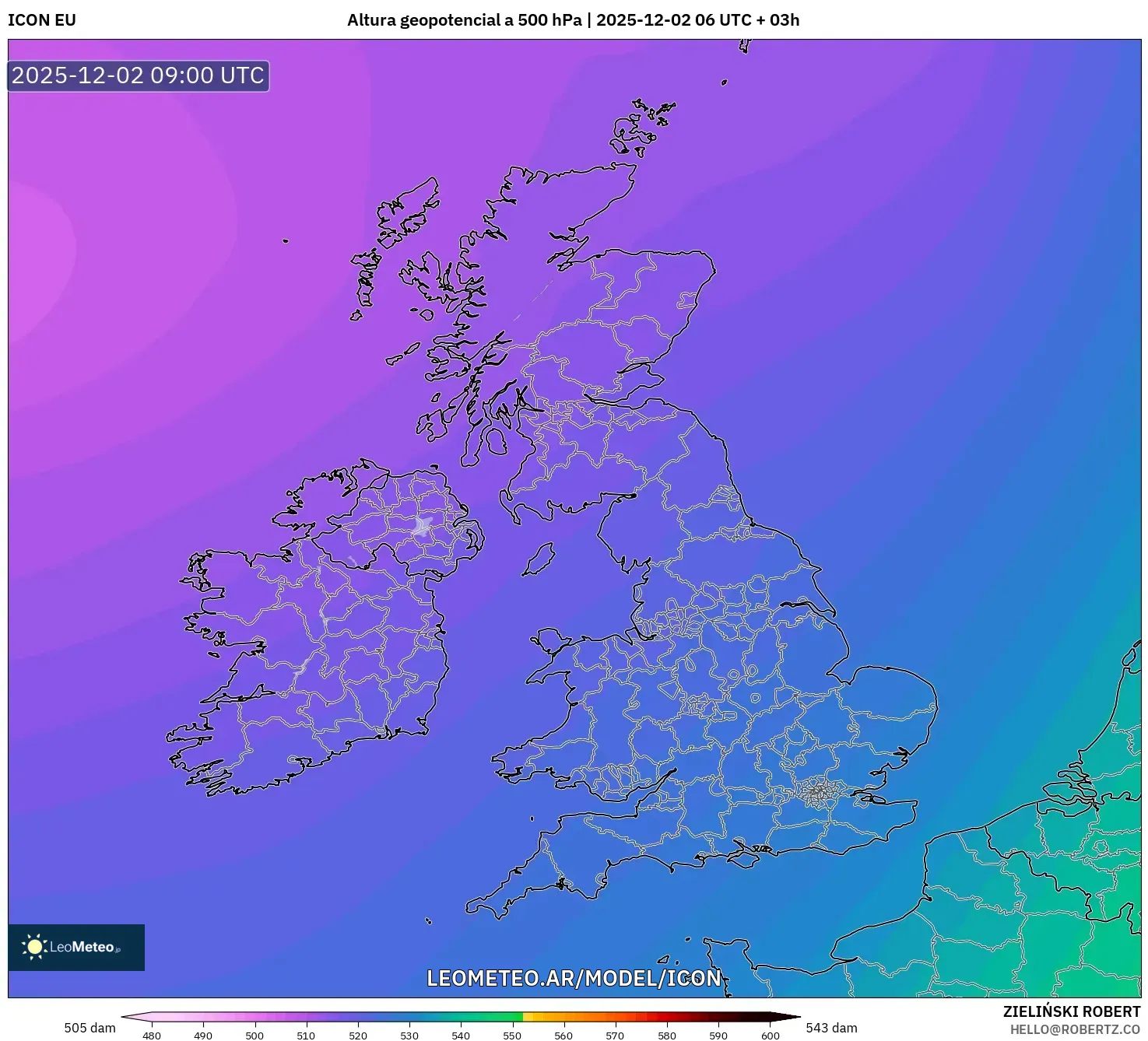 ICON model - Reino Unido, Altura geopotencial a 500 hPa