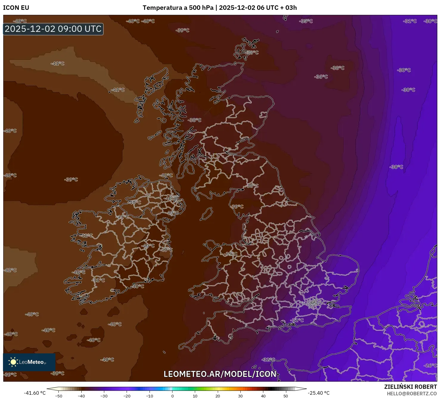 ICON model - Reino Unido, Temperatura a 500 hPa
