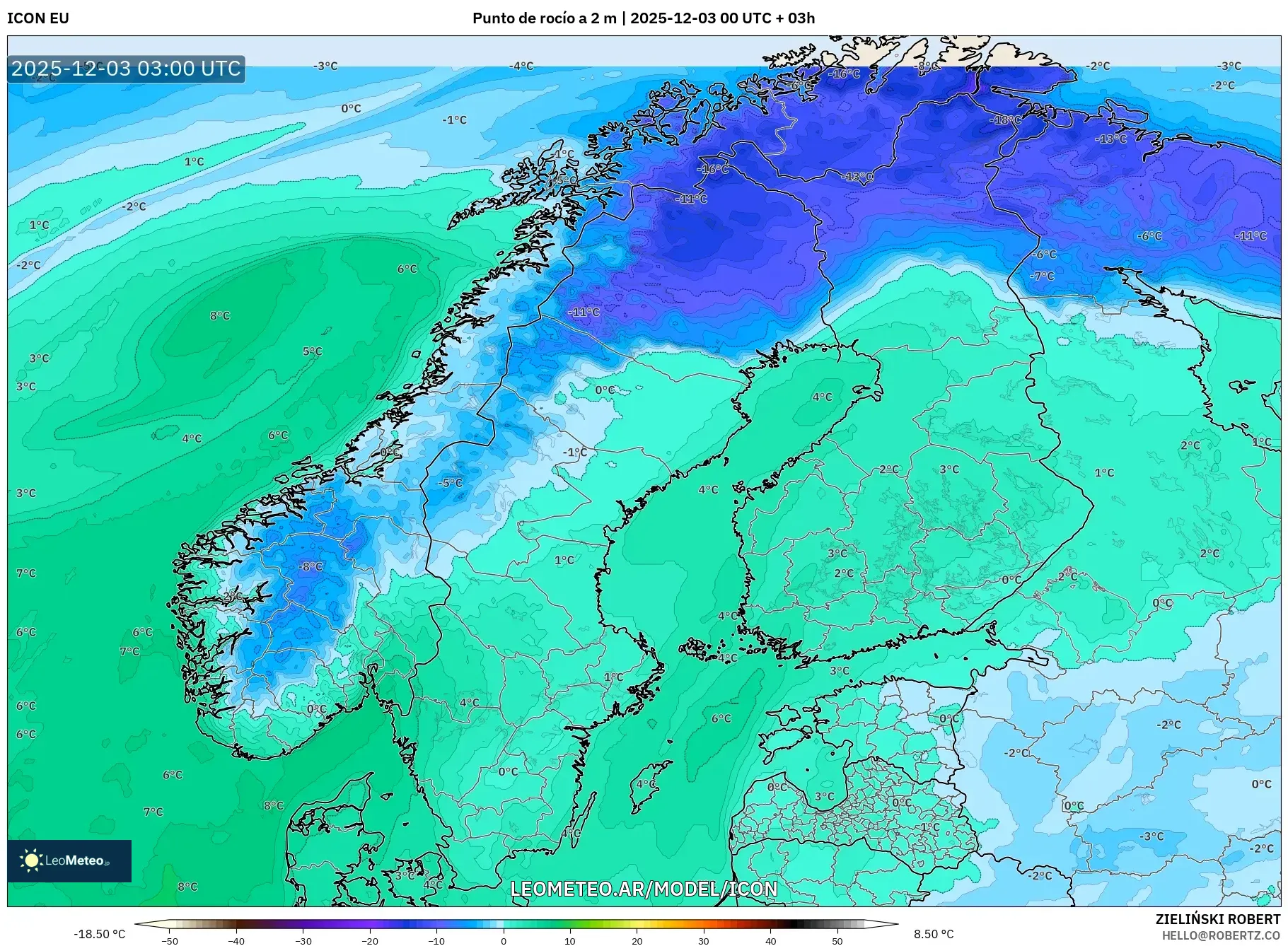 ICON model - Escandinavia, Punto de rocío a 2 m