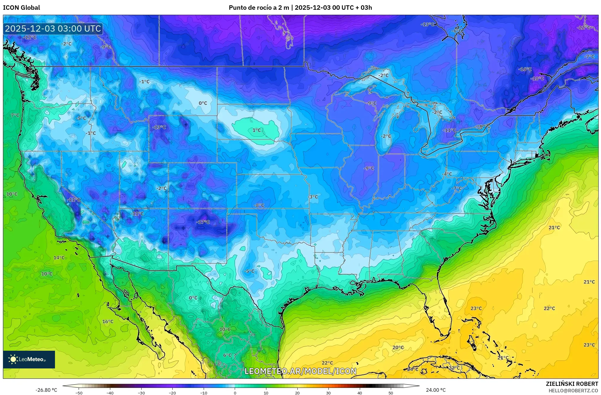 ICON model - Estados Unidos, Punto de rocío a 2 m