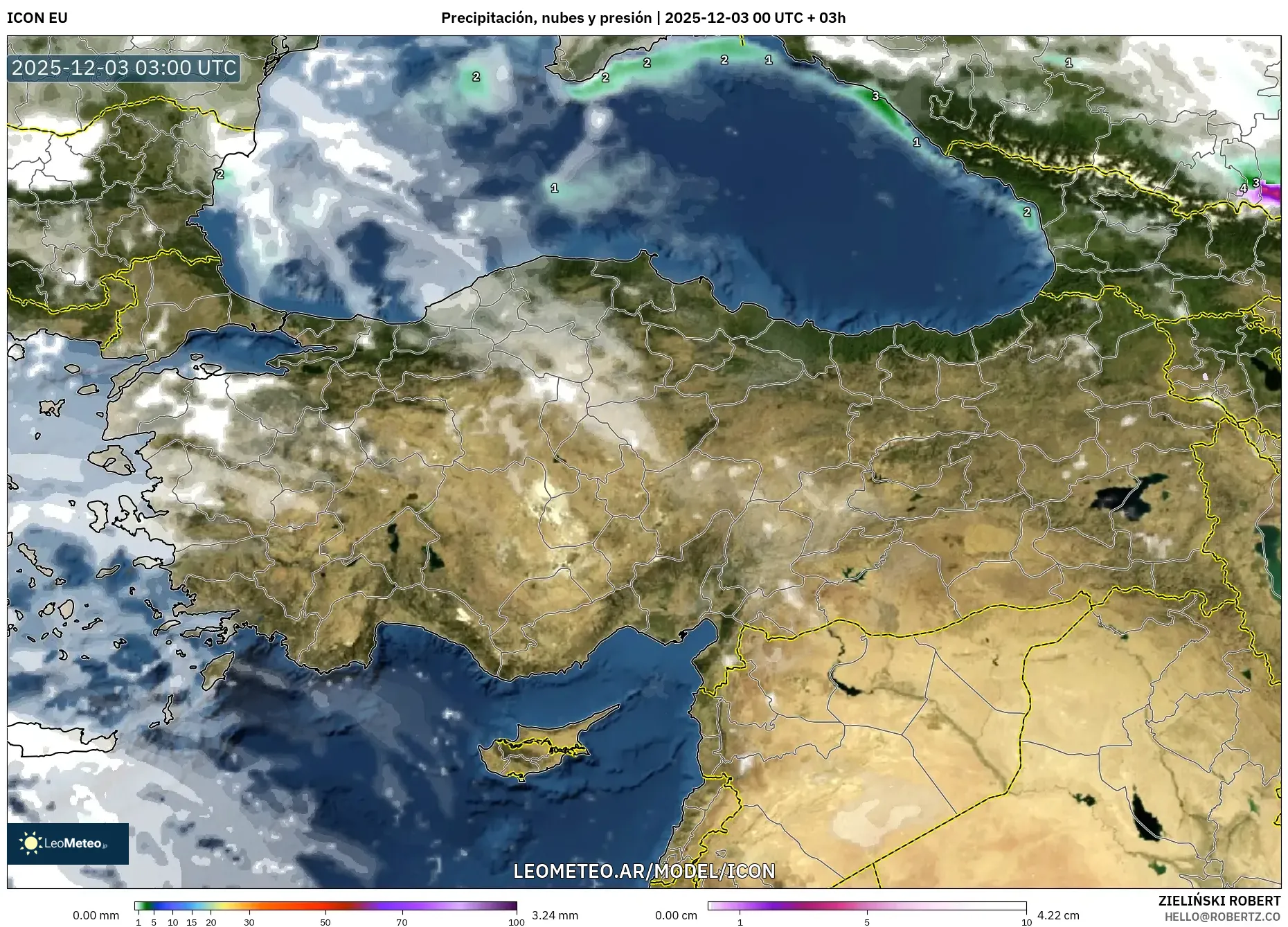 ICON model - Turquía, Precipitación, nubes y presión