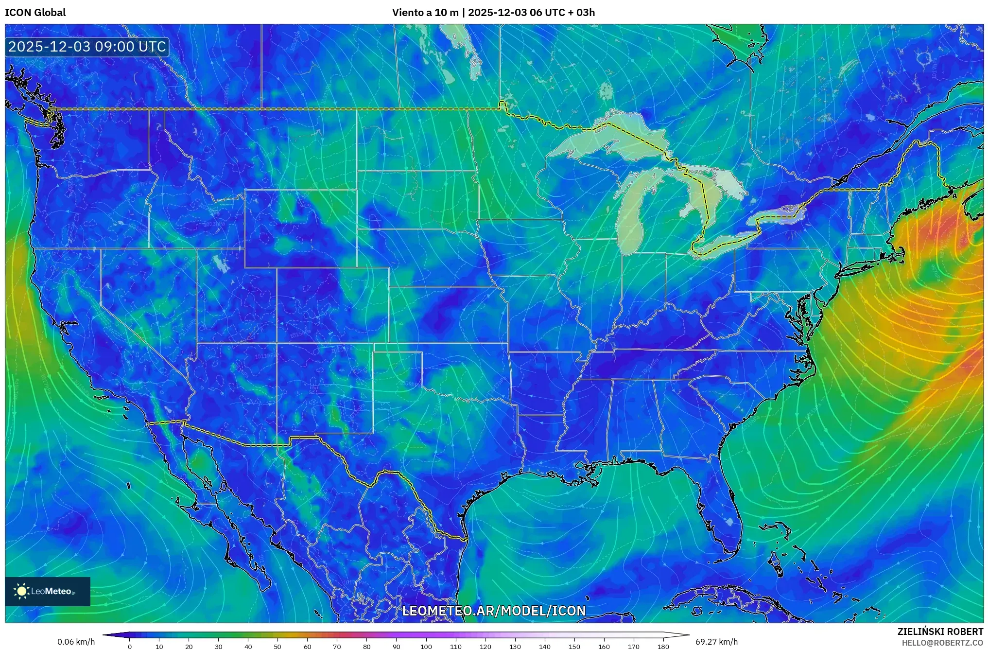 ICON model - Estados Unidos, Viento a 10 m