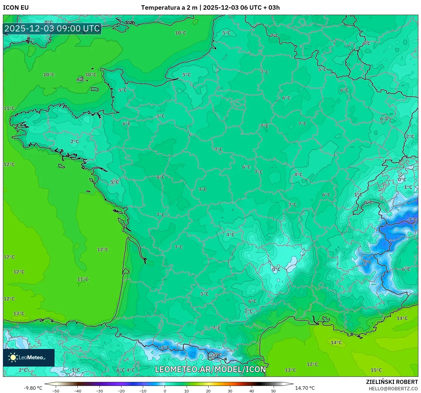 ICON model - Francia, Temperatura a 2 m