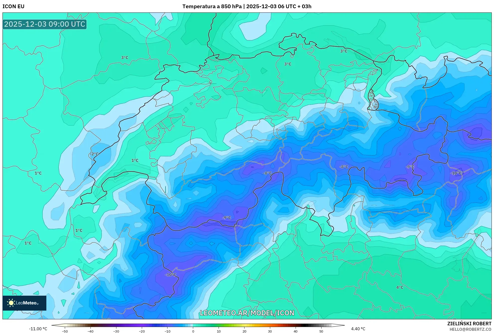 ICON model - Suiza, Temperatura a 850 hPa