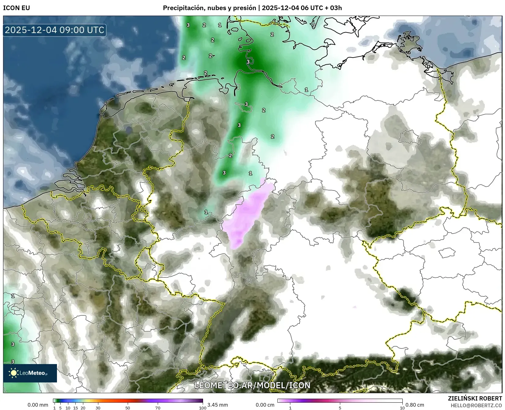 ICON model - Alemania, Precipitación, nubes y presión