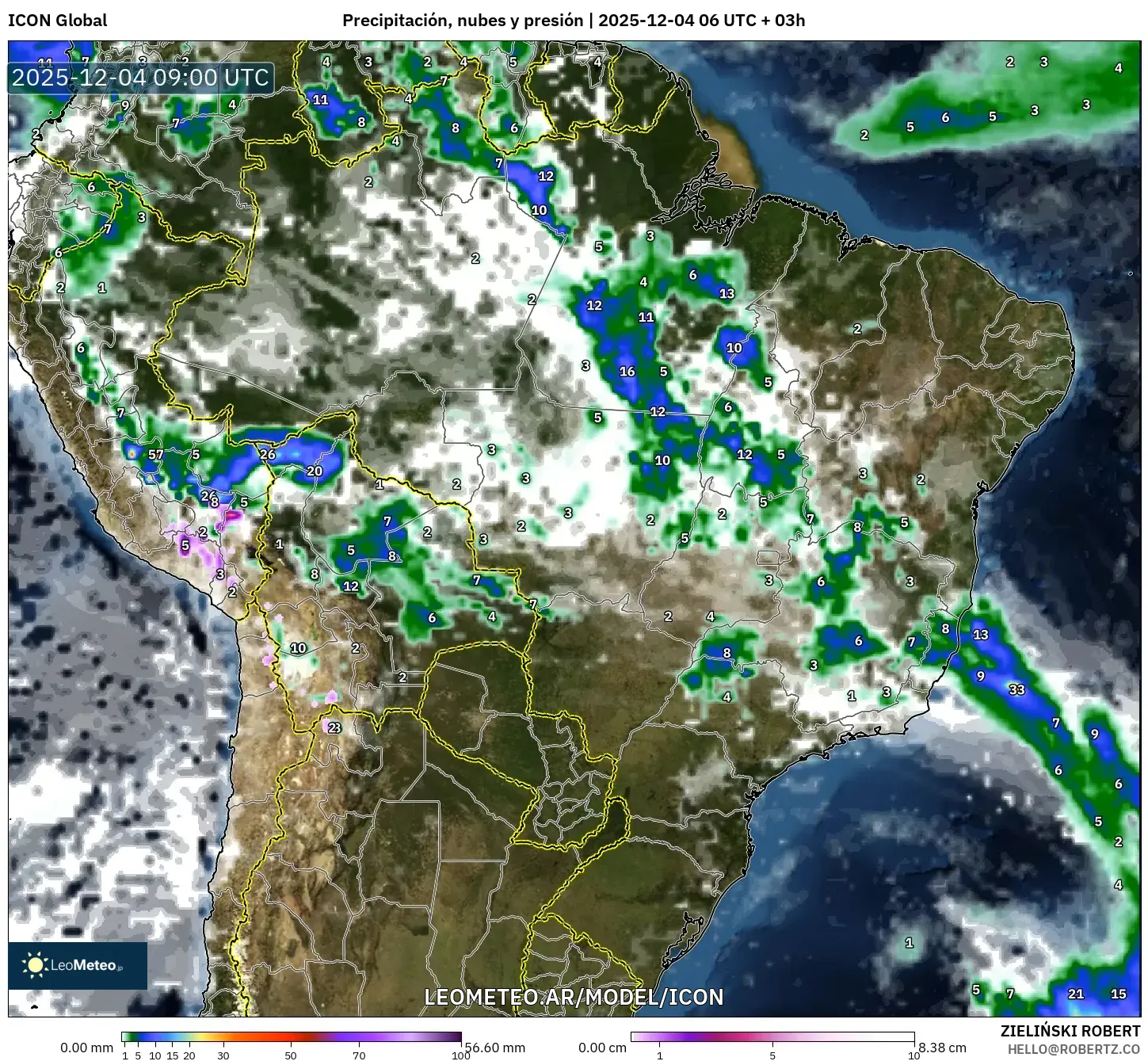 ICON model - Brasil, Precipitación, nubes y presión