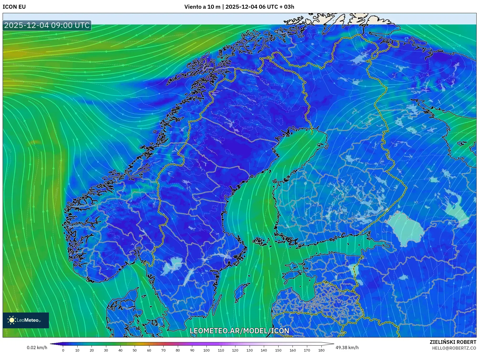 ICON model - Escandinavia, Viento a 10 m