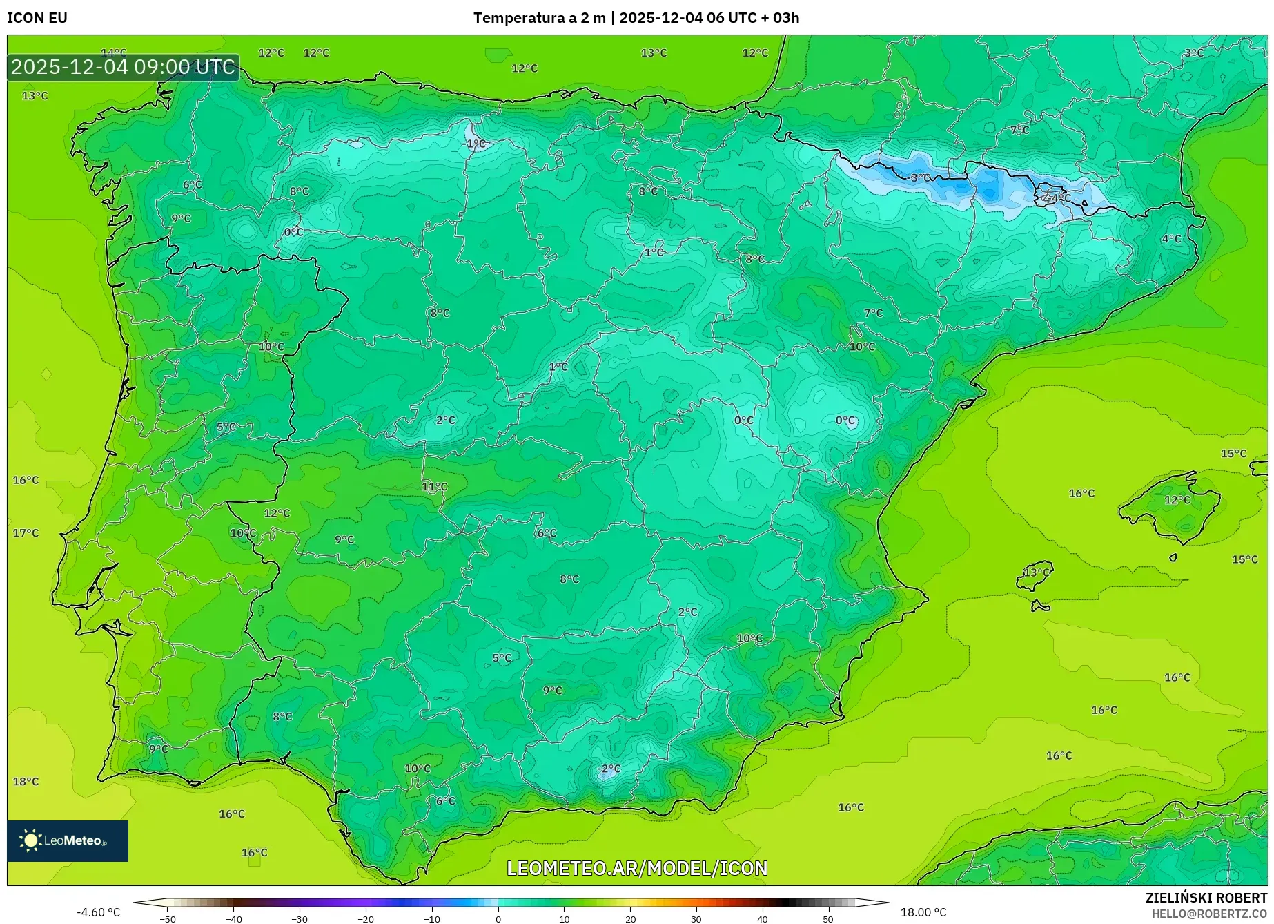 ICON model - España, Temperatura a 2 m