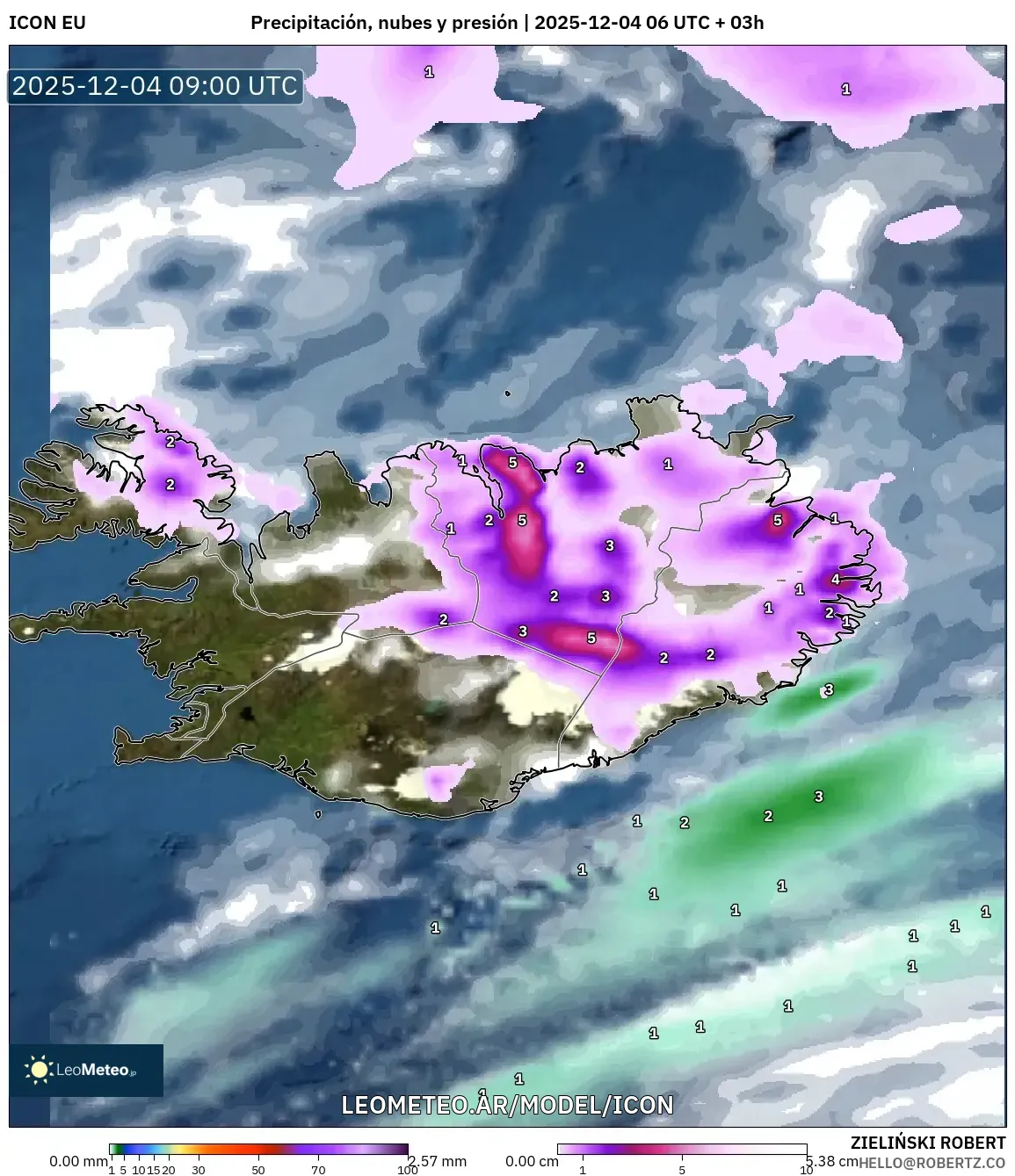 ICON model - Islandia, Precipitación, nubes y presión