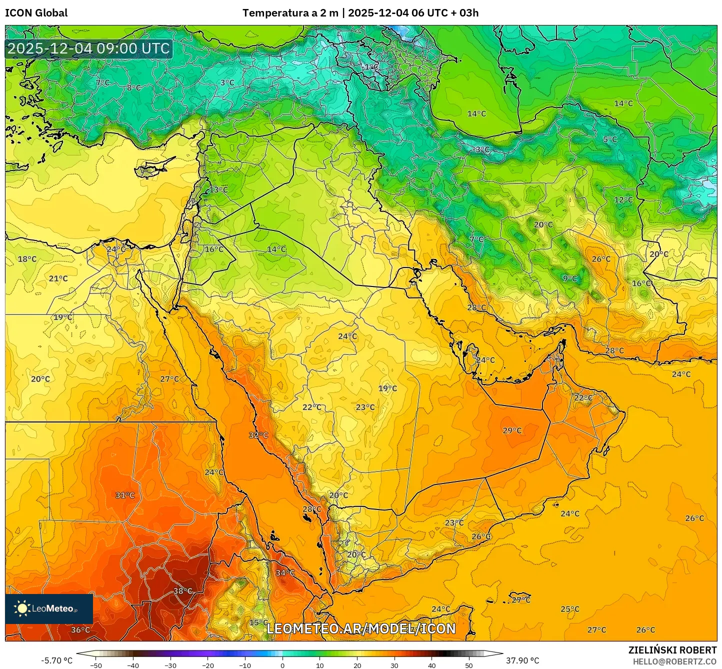 ICON model - Oriente Medio, Temperatura a 2 m