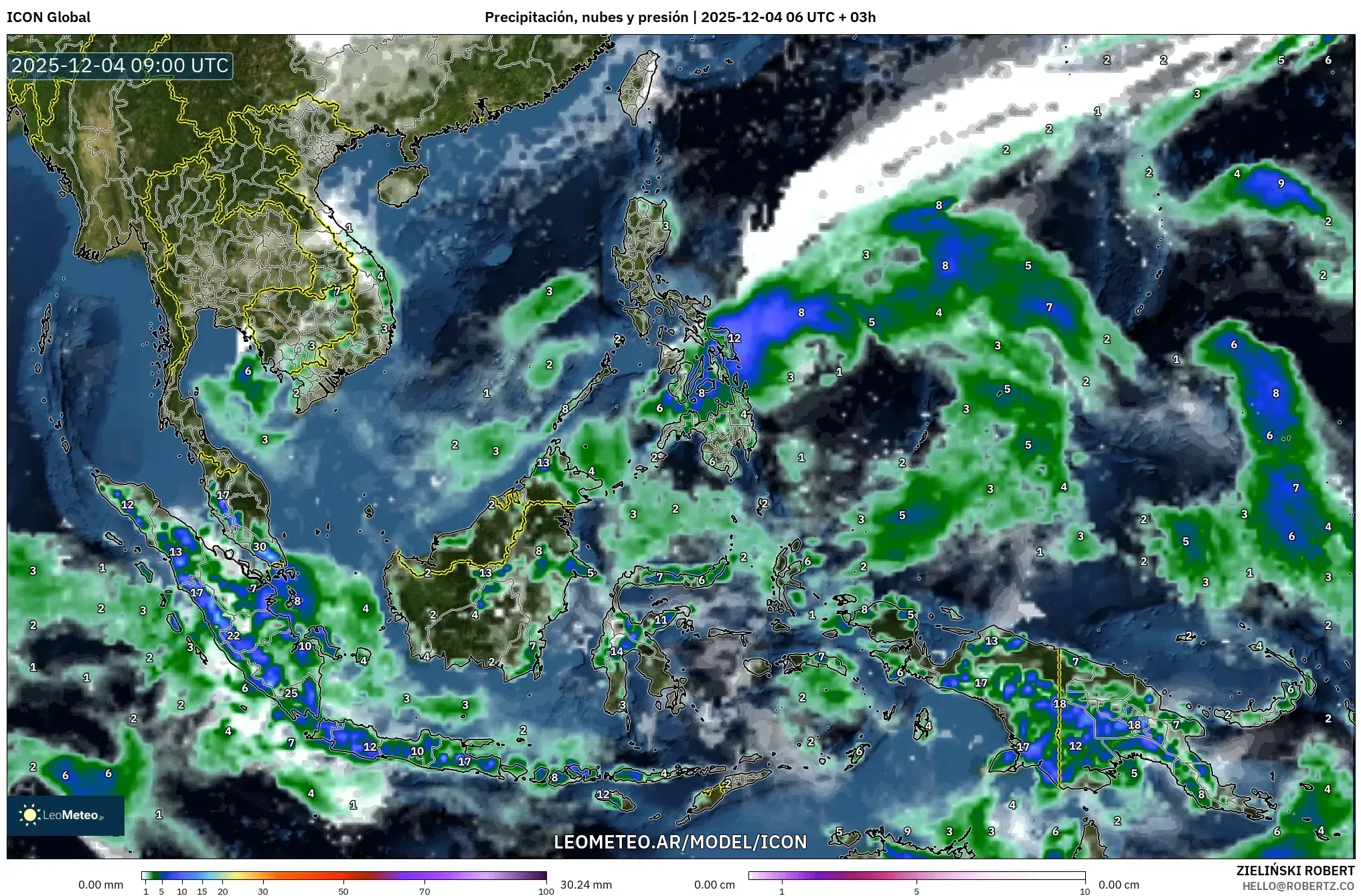 ICON model - Sudeste Asiático, Precipitación, nubes y presión