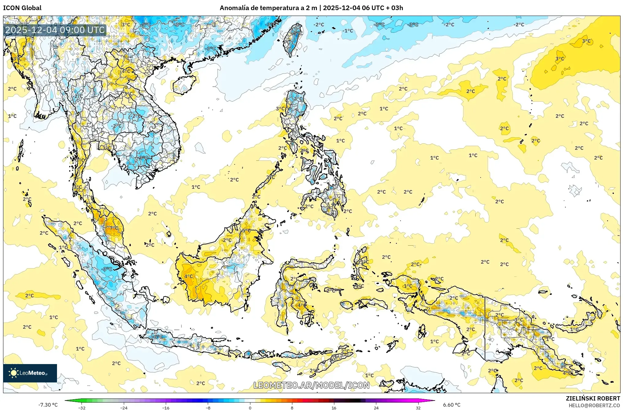 ICON model - Sudeste Asiático, Anomalía de temperatura a 2 m