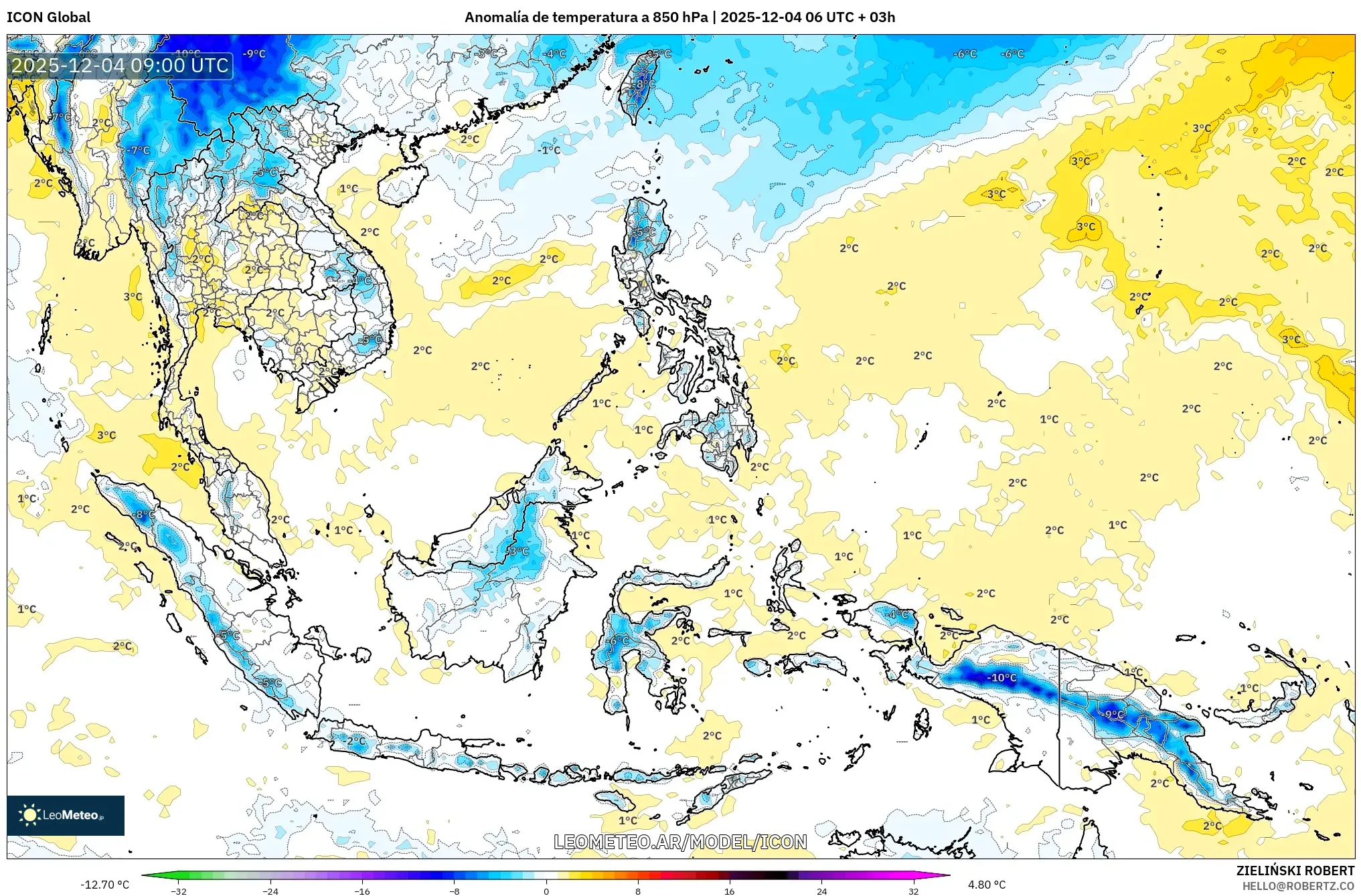ICON model - Sudeste Asiático, Anomalía de temperatura a 850 hPa