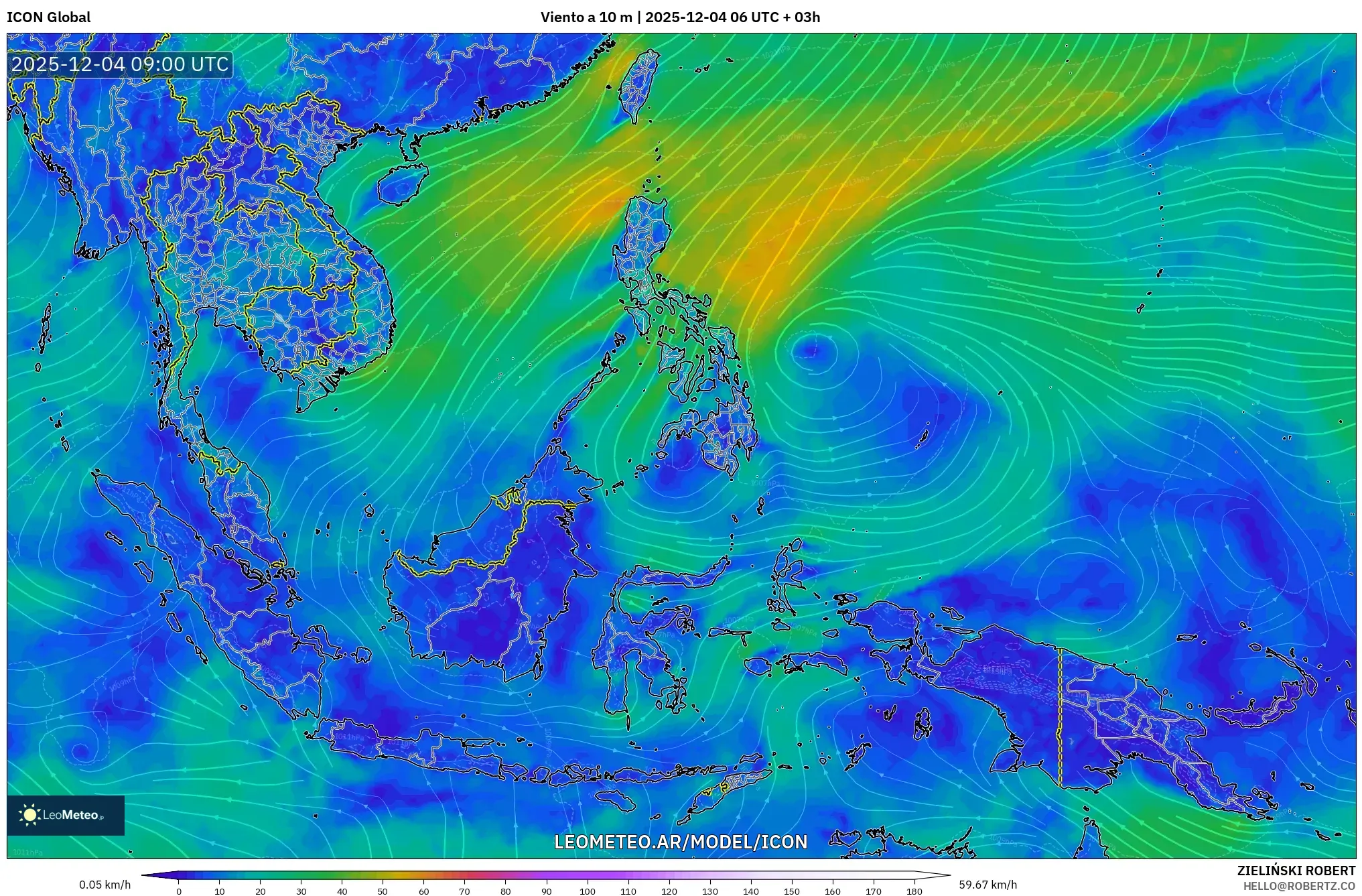 ICON model - Sudeste Asiático, Viento a 10 m