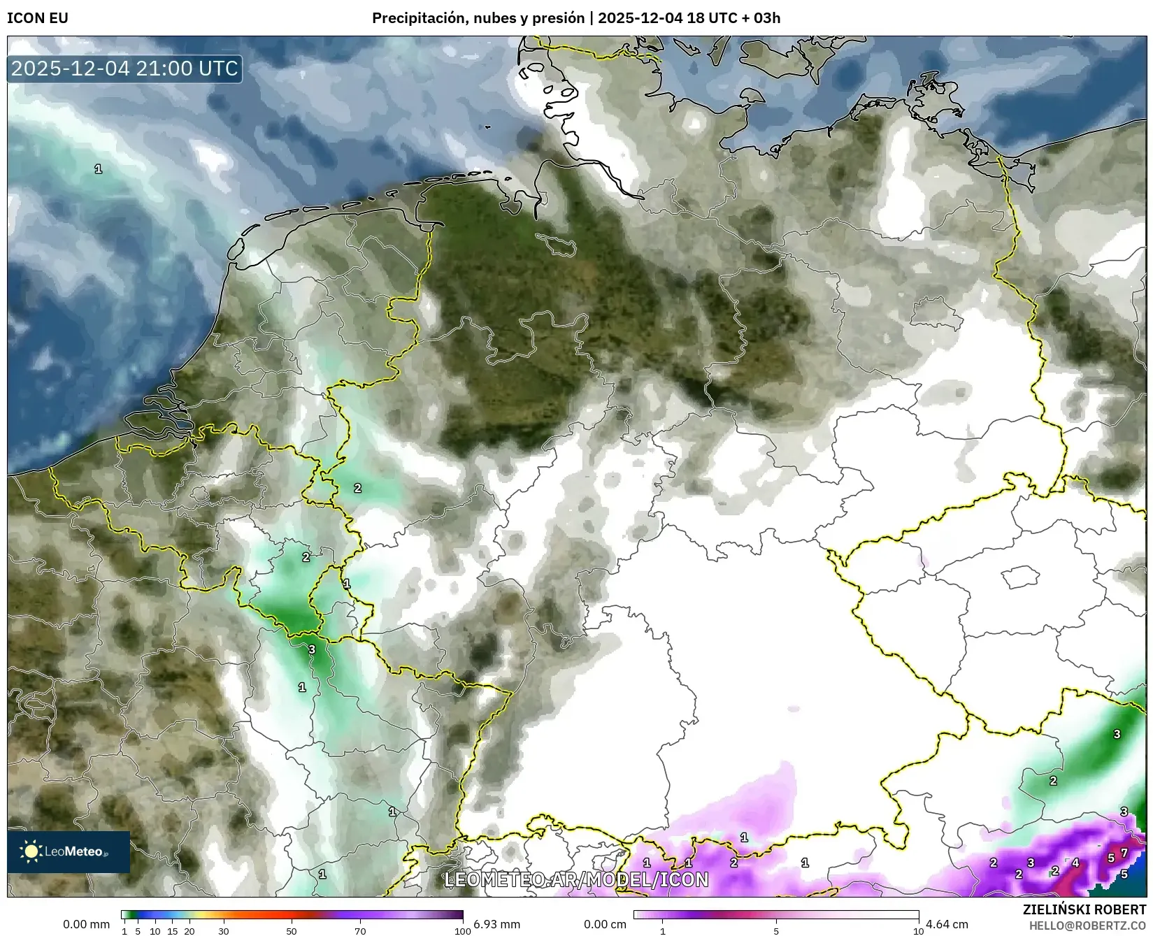 ICON model - Alemania, Precipitación, nubes y presión