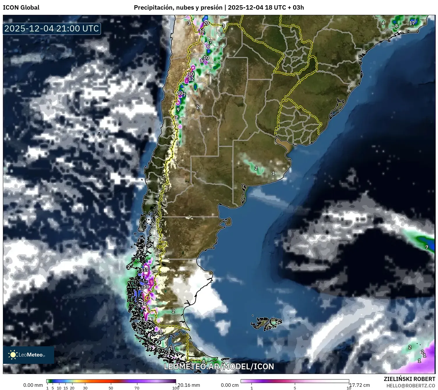 ICON model - Argentina, Precipitación, nubes y presión