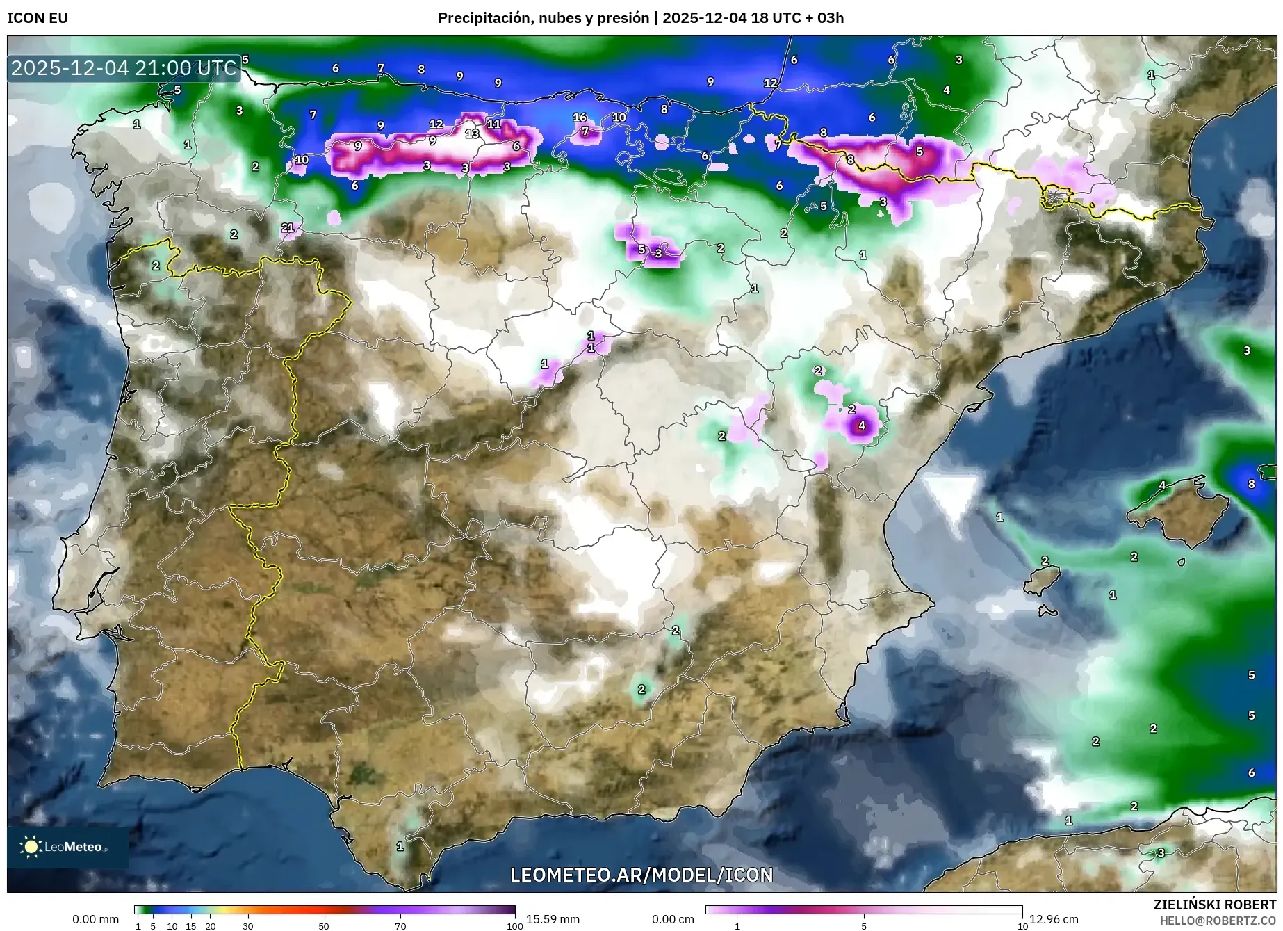 ICON model - España, Precipitación, nubes y presión