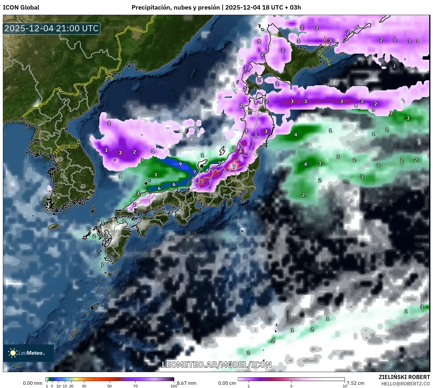 ICON model - Japón, Precipitación, nubes y presión