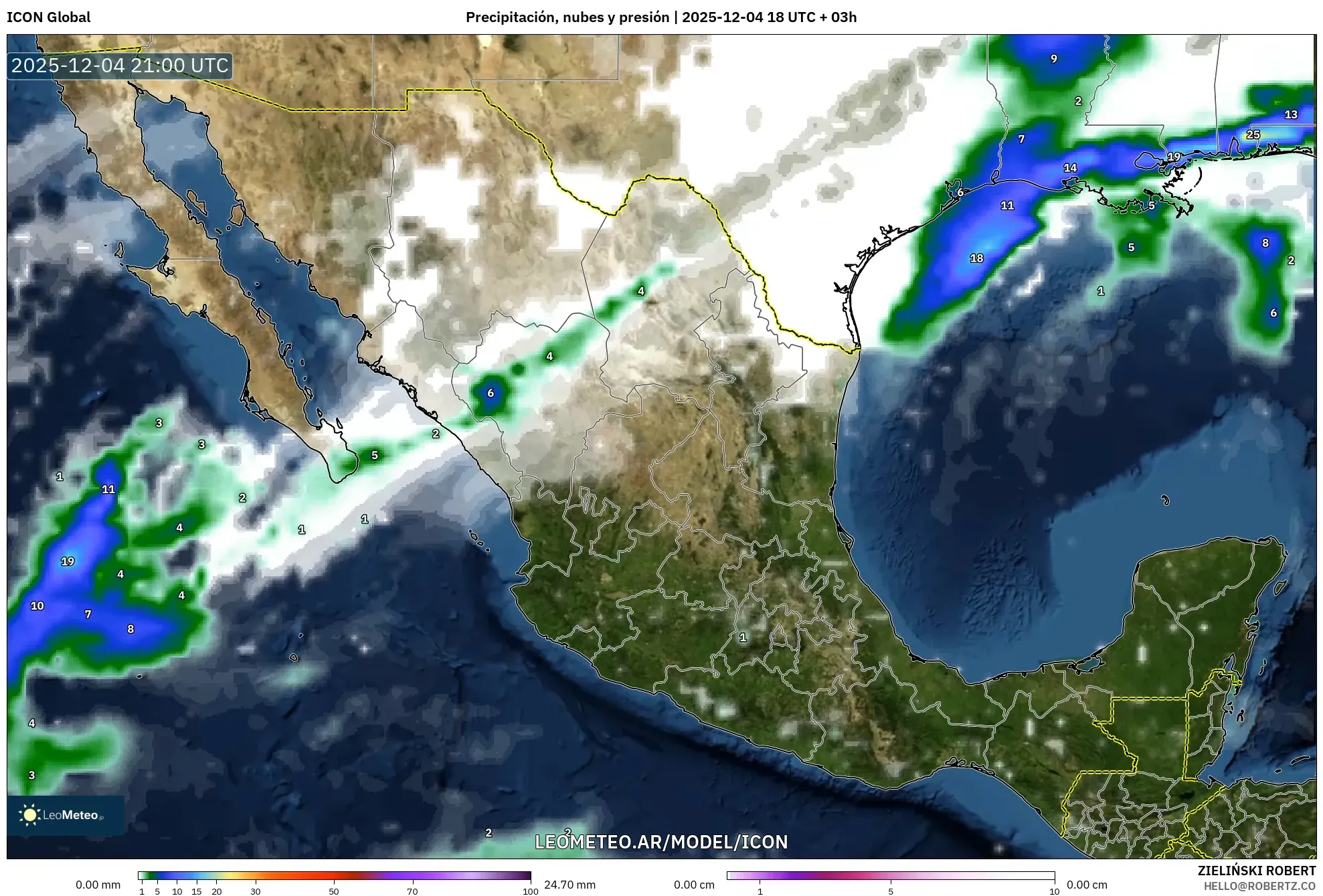 ICON model - México, Precipitación, nubes y presión