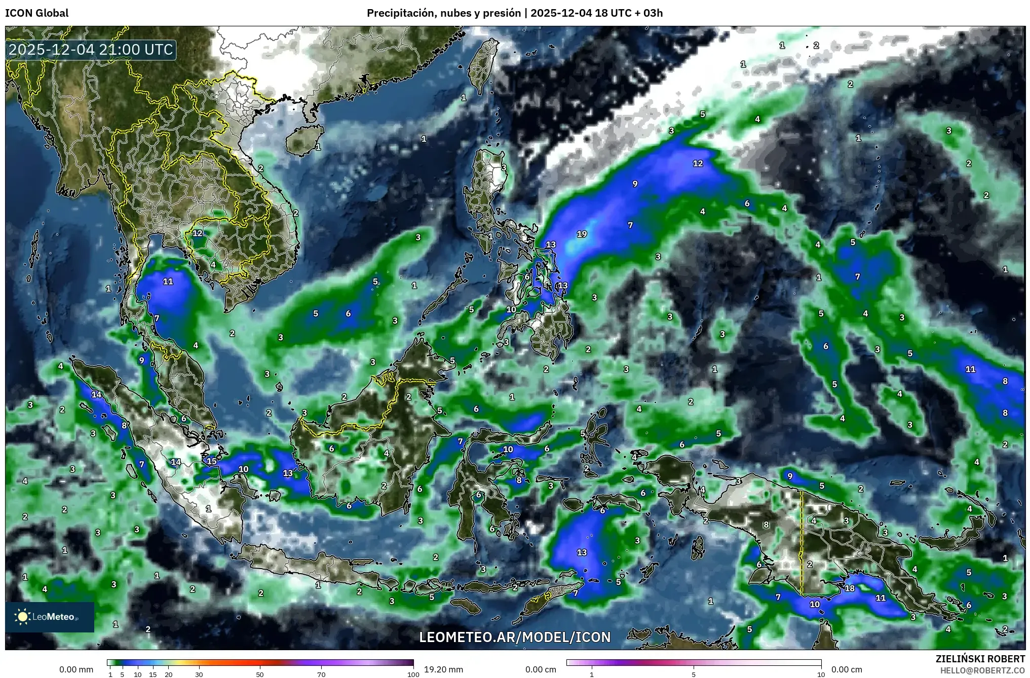 ICON model - Sudeste Asiático, Precipitación, nubes y presión
