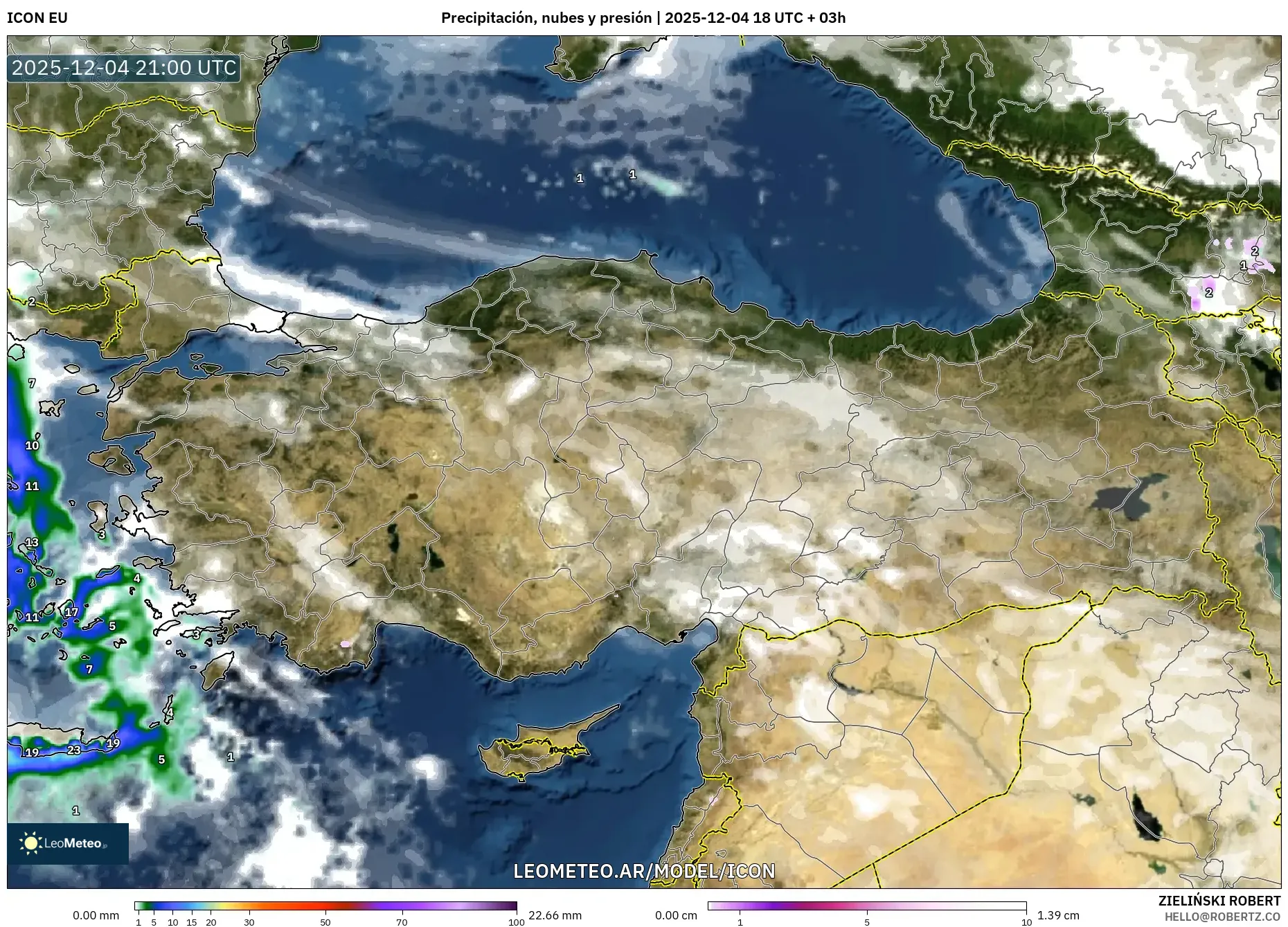 ICON model - Turquía, Precipitación, nubes y presión