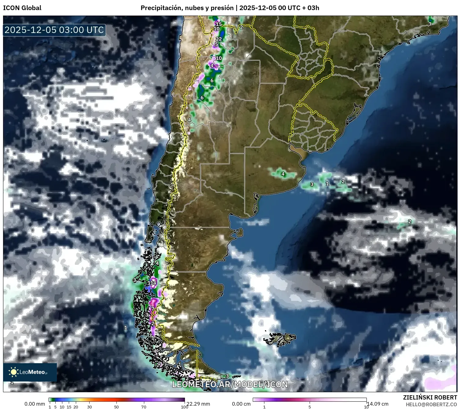 ICON model - Argentina, Precipitación, nubes y presión