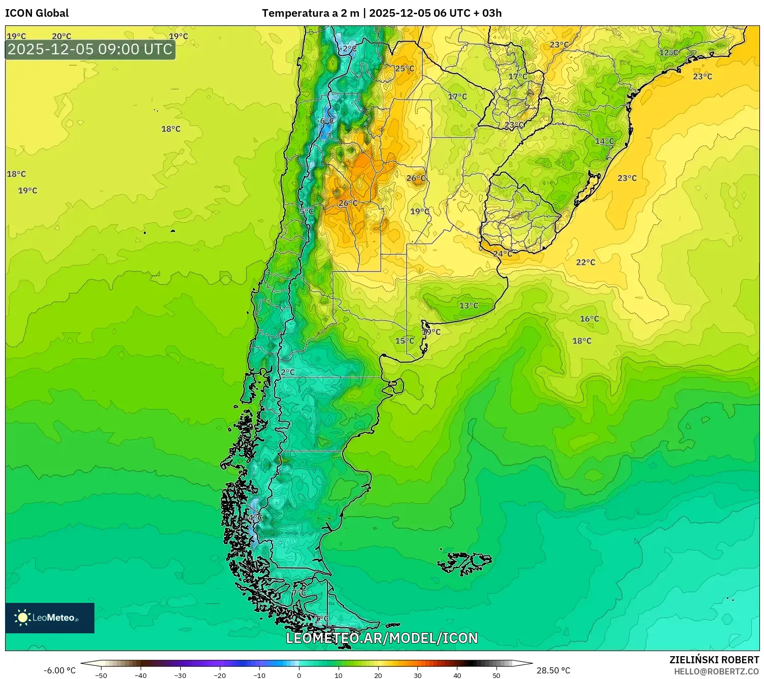 ICON model - Argentina, Temperatura a 2 m