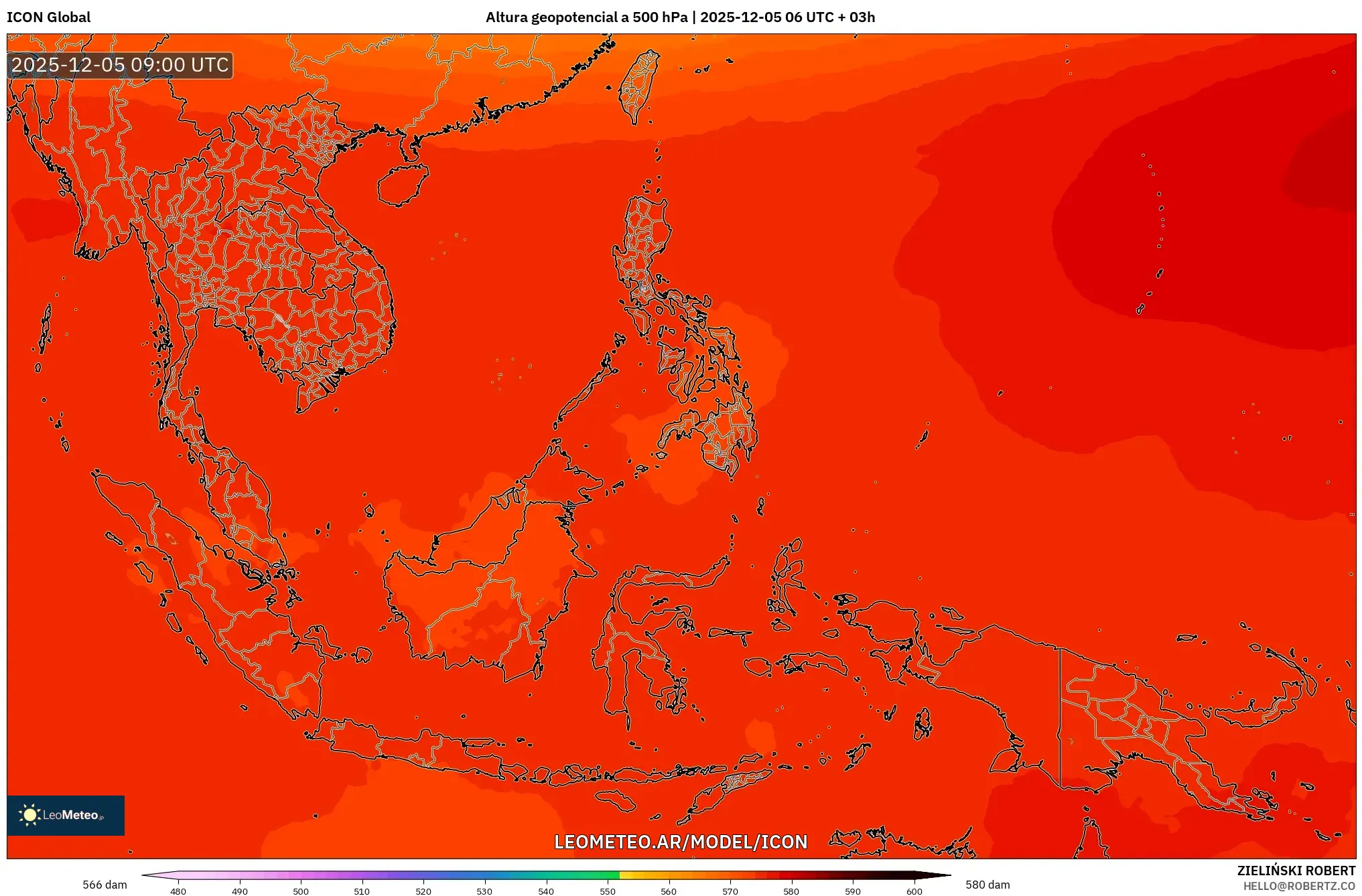ICON model - Sudeste Asiático, Altura geopotencial a 500 hPa