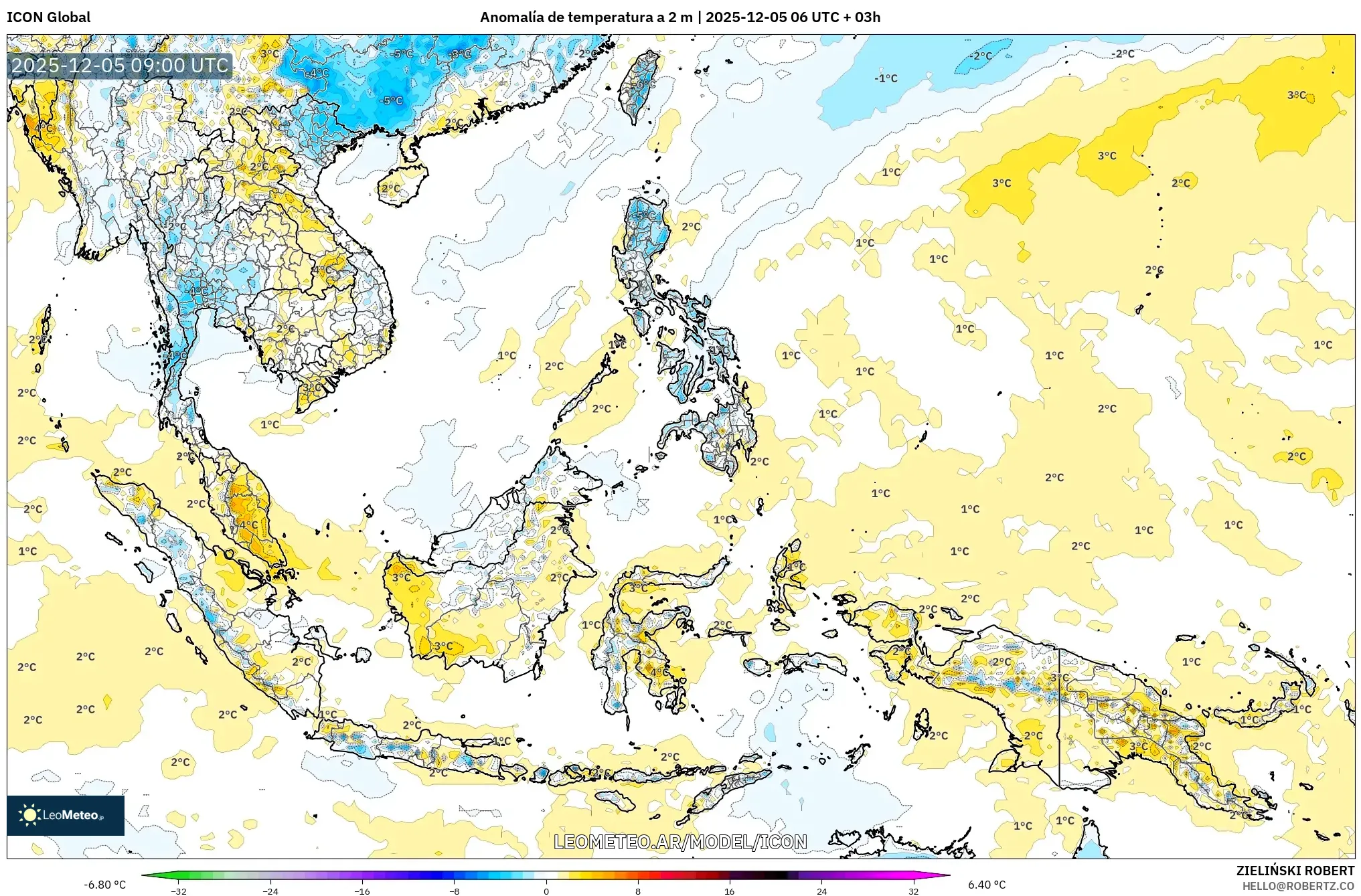 ICON model - Sudeste Asiático, Anomalía de temperatura a 2 m