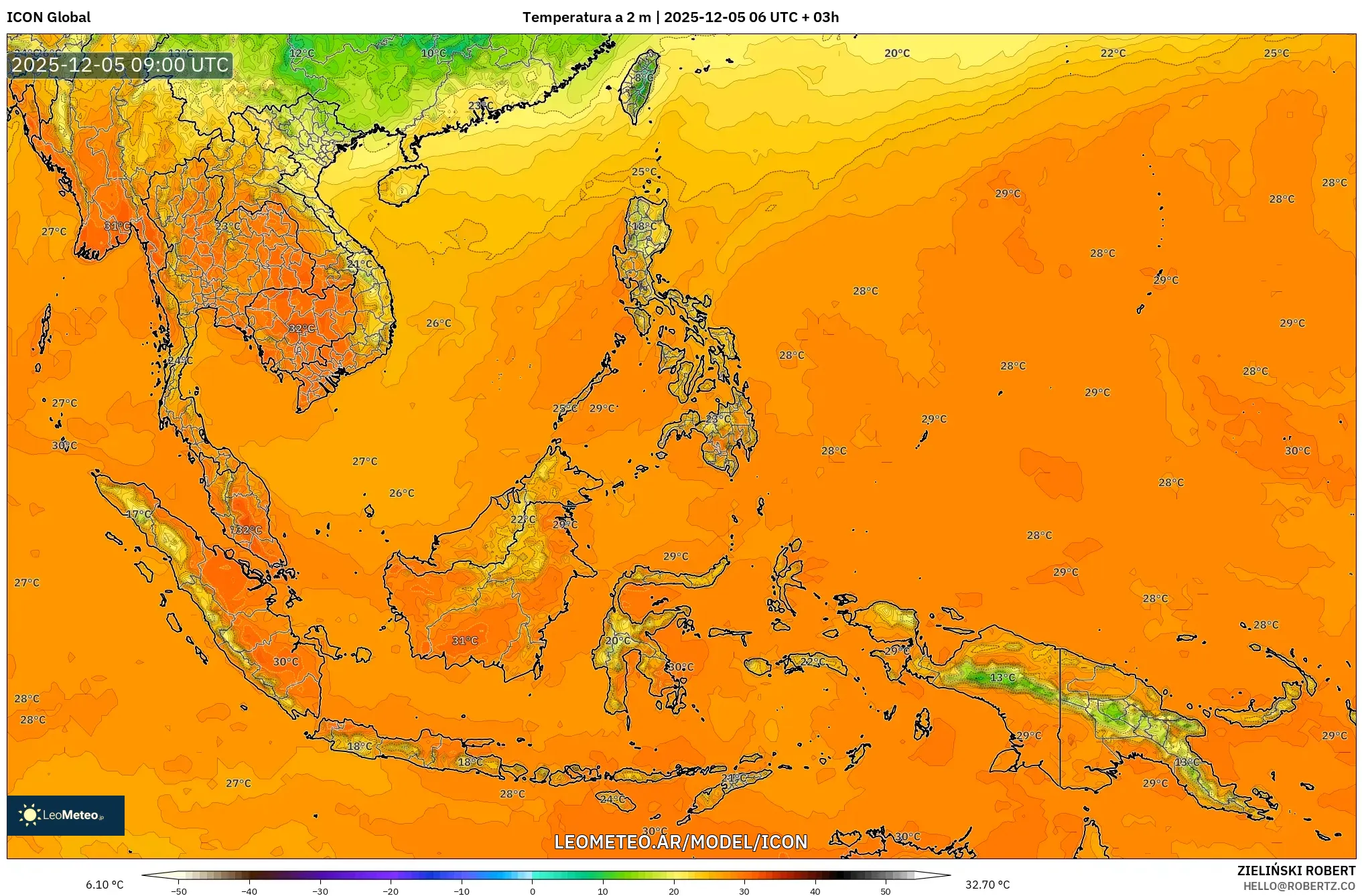 ICON model - Sudeste Asiático, Temperatura a 2 m